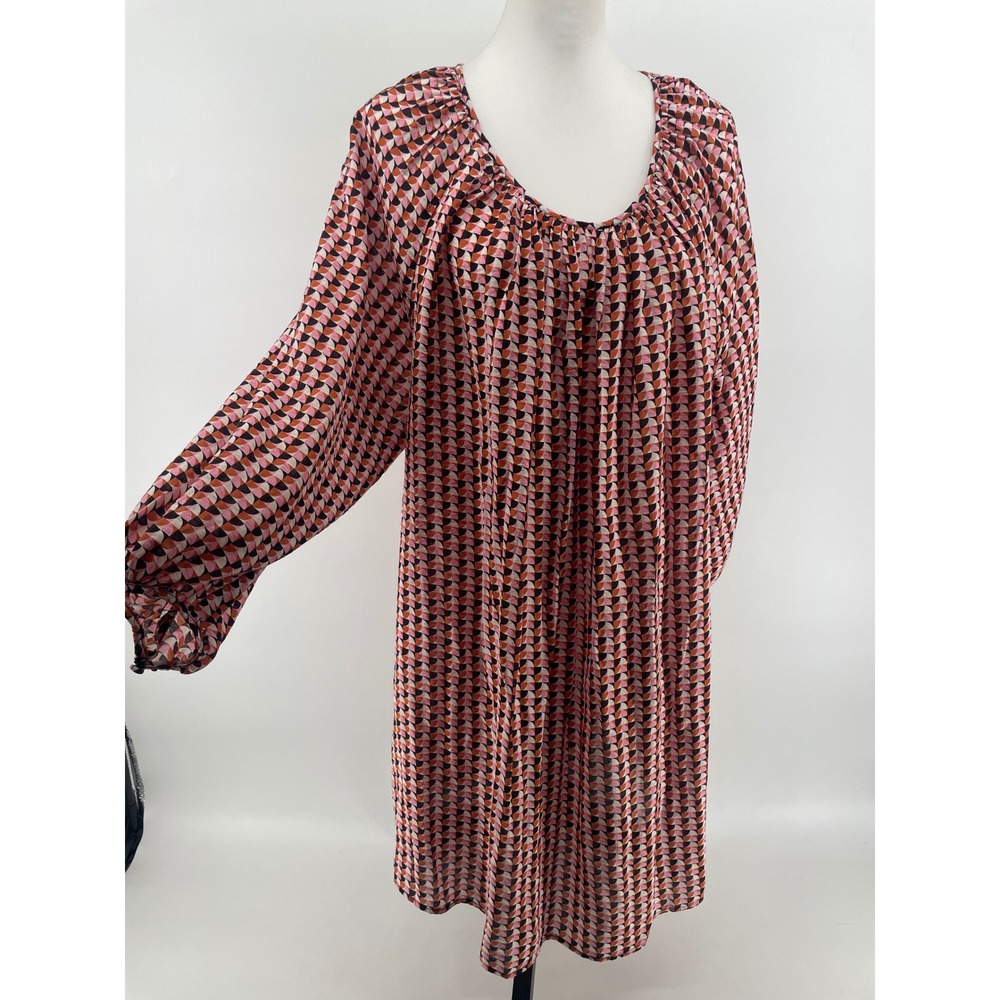 Art Deco Shift Mini Dress Womens XL Pink Orange Retro Artsy‎ Boho Balloon Sleeve
